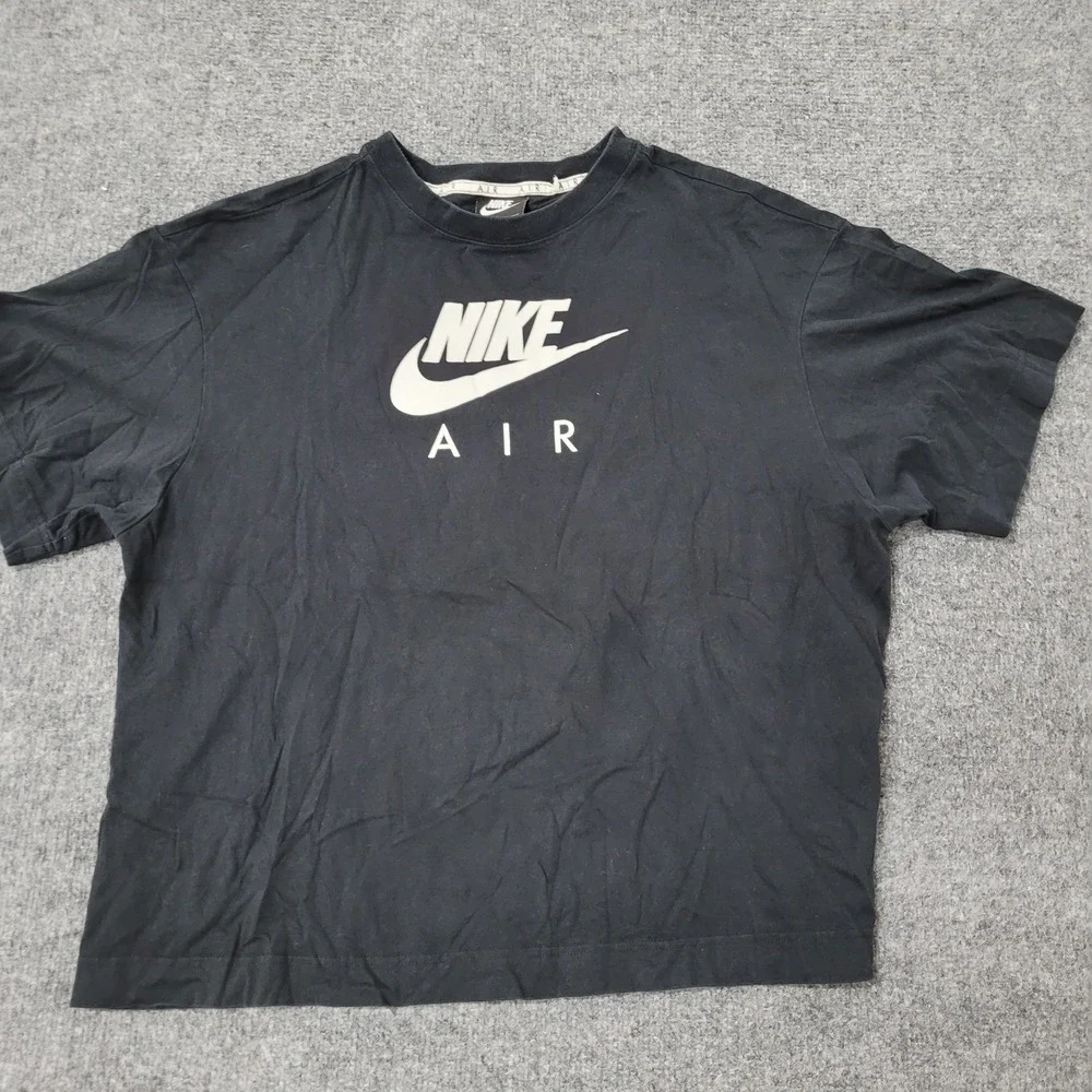 Nike T-Shirt Womens Size M Black Air Logo Graphic Boxy Cropped Short Sleeve Tee